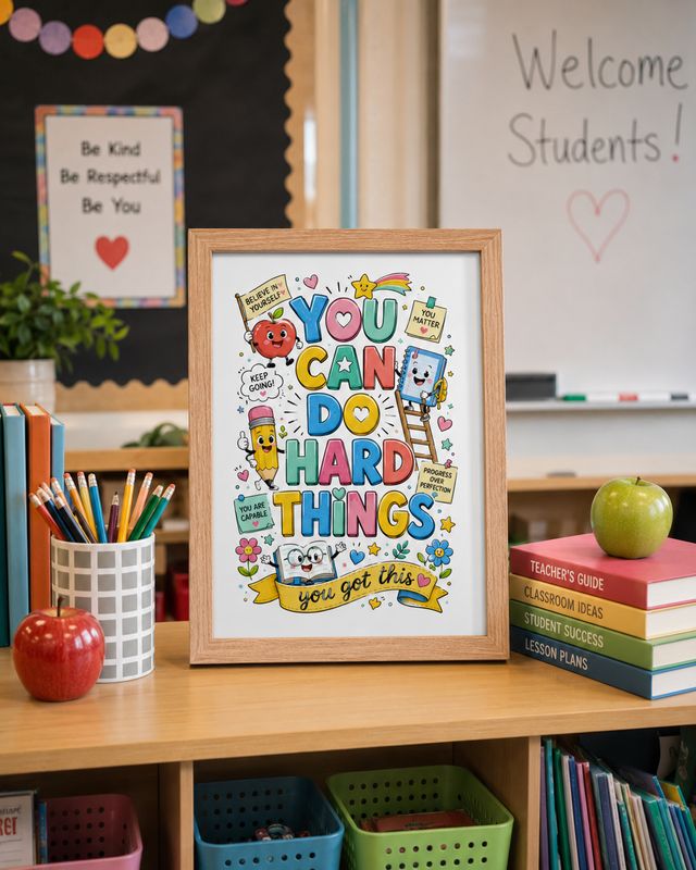 You Can Do Hard Things Framed Poster, Motivational Classroom Wall Art, Encouraging Teacher Decor, School Counselor Office Print, Kids Reading Nook Artwork Light oak framed “You Can Do Hard Things” motivational poster displayed on a teacher’s desk in a colorful classroom.