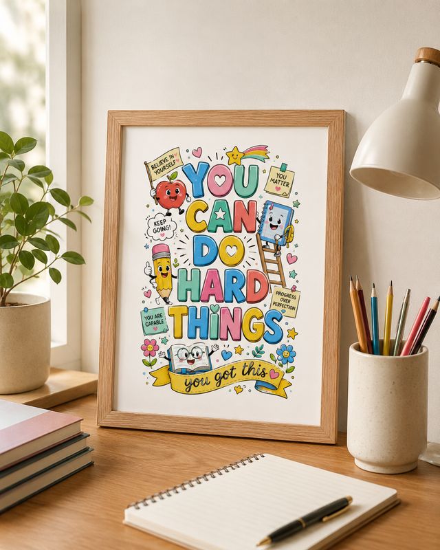 Light oak framed “You Can Do Hard Things” poster styled on a bright home office desk with books, pencils, and a lamp.