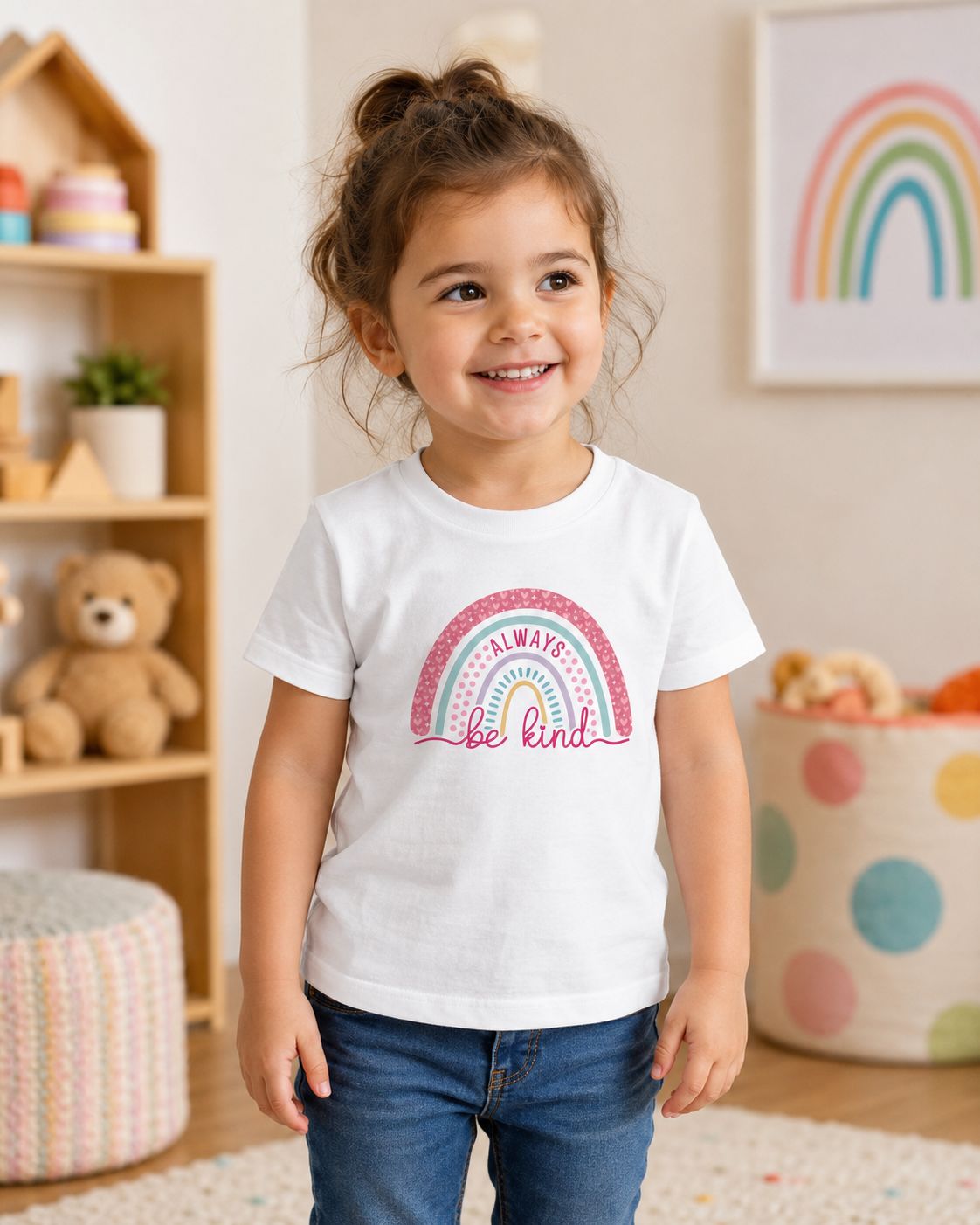 Preschool girl in a playroom wearing a white “Always Be Kind” rainbow organic cotton T-shirt.