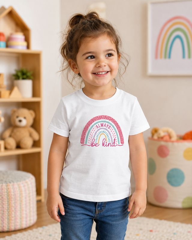 Preschool girl in a playroom wearing a white “Always Be Kind” rainbow organic cotton T-shirt.