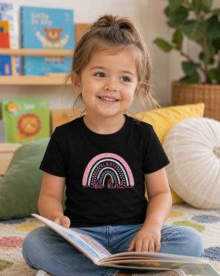 Preschool girl reading in a black “Always Be Kind” rainbow organic cotton T-shirt.