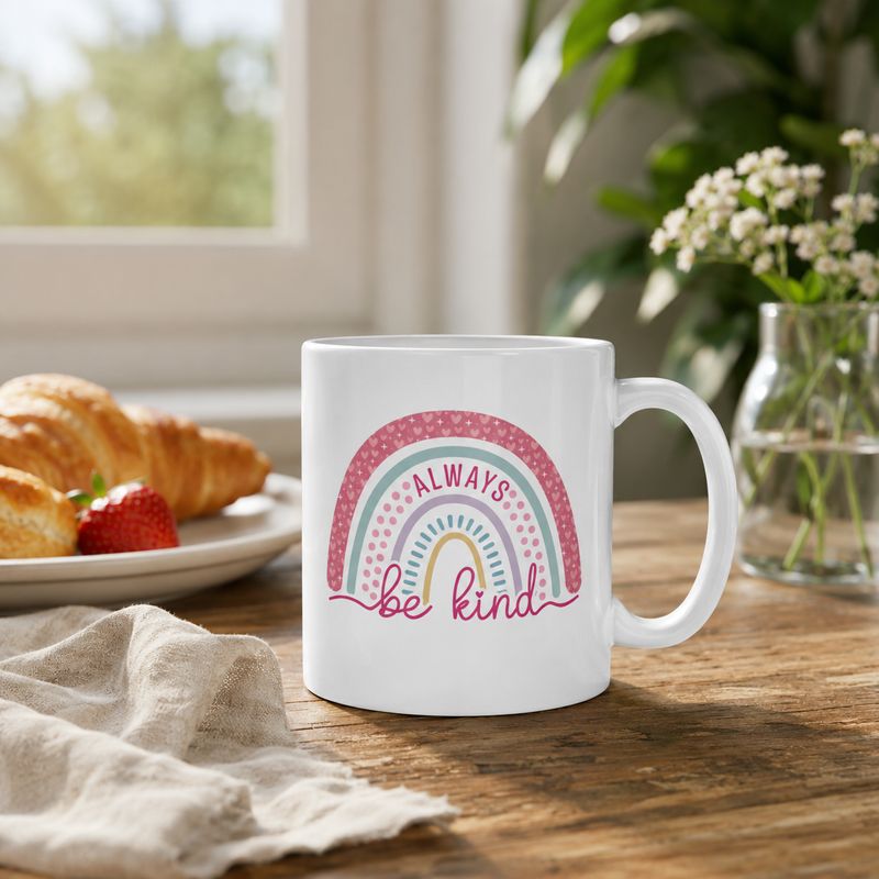 11 oz white Always Be Kind rainbow mug on a breakfast table with croissants, strawberries, flowers, and morning light.
