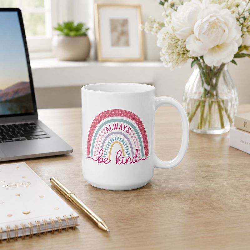 15 oz white Always Be Kind rainbow mug on a home office desk with a laptop, planner, gold pen, and white flowers.