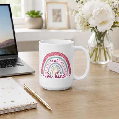 15 oz white Always Be Kind rainbow mug on a home office desk with a laptop, planner, gold pen, and white flowers.