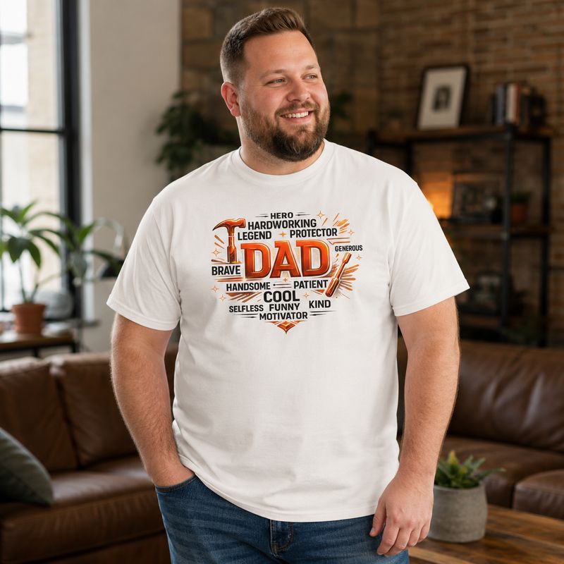 Stocky white man wearing a white Dad graphic T-shirt in a warm, modern living room.