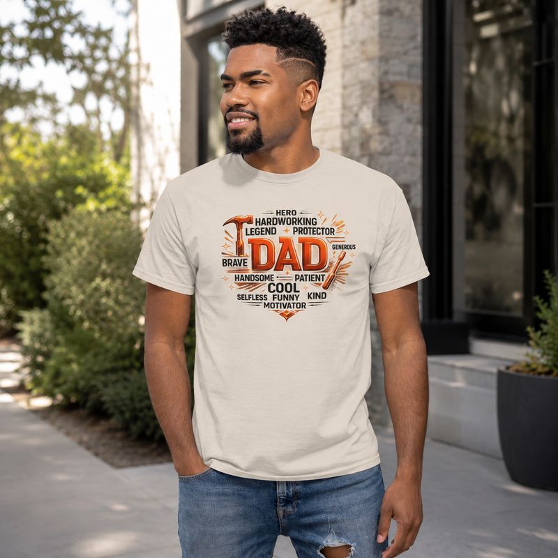 Dad Definition T-Shirt, Father’s Day Gift for Dad, Hardworking Hero Dad Graphic Tee, Tool Lover Shirt, Birthday Gift for Father, Unisex Cotton T-Shirt Black man wearing a natural Dad graphic T-shirt outdoors in a modern residential setting.