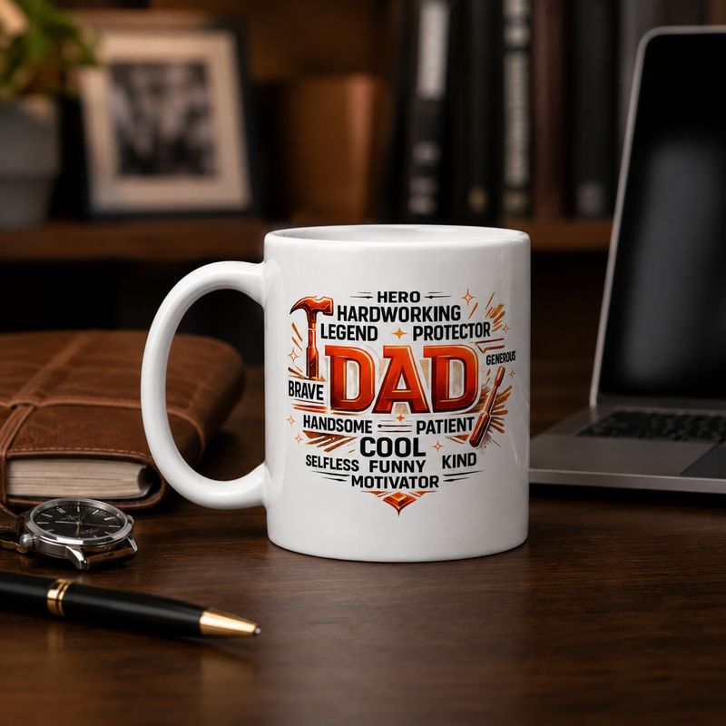 White 11 oz DAD mug on a dark wood office desk beside a laptop, leather journal, watch, and pen.