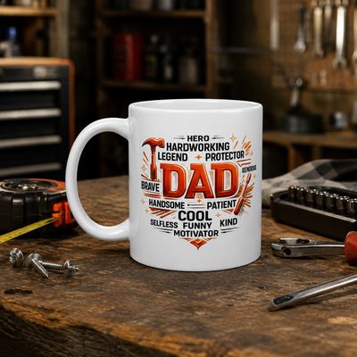 White 11 oz DAD mug on a rugged workshop bench with tools, screws, tape measure, and warm garage lighting.