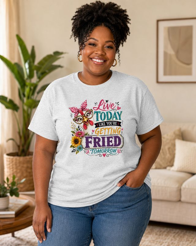 Plus-size Black woman in an ash gray funny chicken T-shirt with “Live Today Like You’re Getting Fried Tomorrow” graphic.