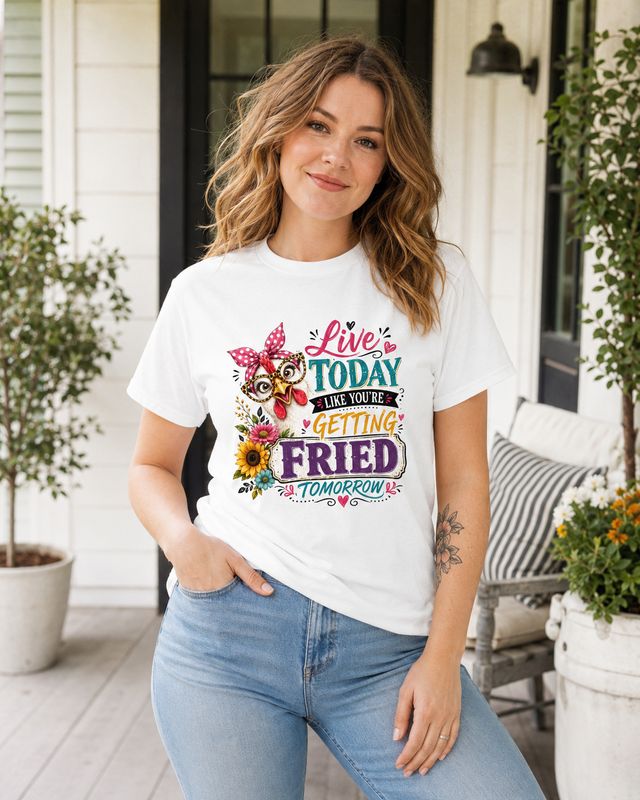 White woman wearing a white funny chicken T-shirt with “Live Today Like You’re Getting Fried Tomorrow” graphic on a porch.