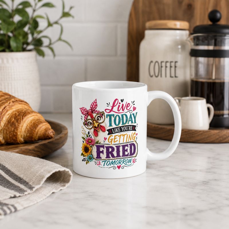 11 oz white chicken coffee mug with funny quote on a modern farmhouse kitchen counter beside croissants.