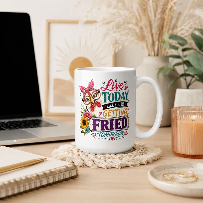 15 oz funny chicken coffee mug on a trendy boho home office desk with laptop, notebook, candle, and plants.