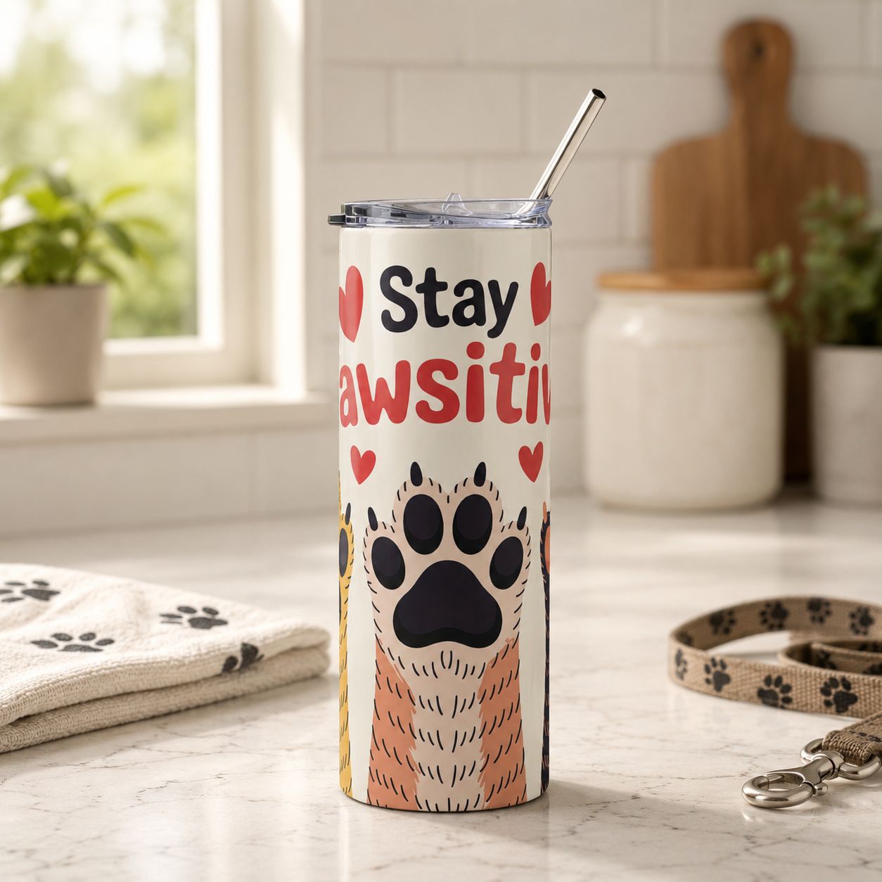 20 oz Stay Pawsitive paw print tumbler with clear lid and metal straw on a bright kitchen counter.