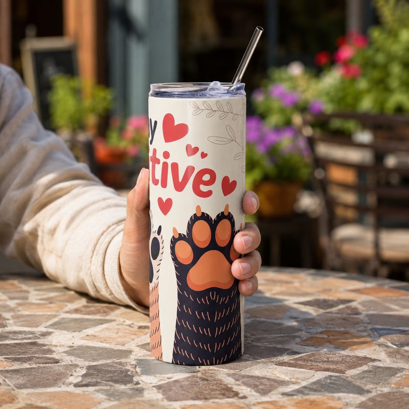 Hand holding a 20 oz Stay Pawsitive tumbler with orange paw print at an outdoor café.