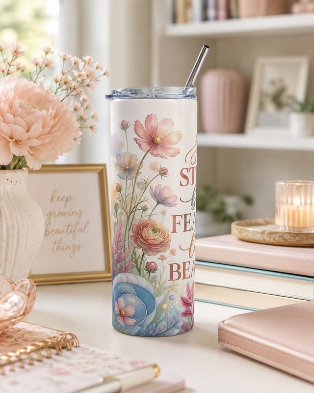 20 oz floral stainless steel tumbler showing the fourth side beside books, flowers, and pastel desk decor.