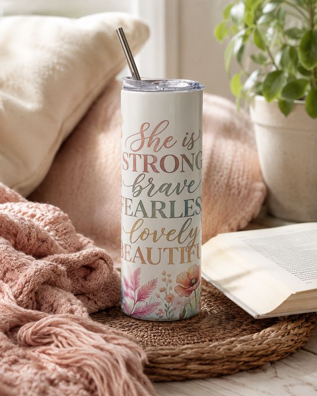 20 oz inspirational tumbler reading “She is strong, brave, fearless, lovely, beautiful” in a cozy reading nook.