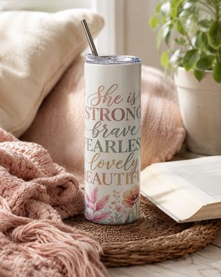 20 oz inspirational tumbler reading “She is strong, brave, fearless, lovely, beautiful” in a cozy reading nook.