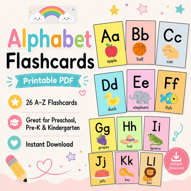 Printable Alphabet Flashcards PDF | A–Z Letter Cards with Pictures and Words | Preschool, Pre-K, Kindergarten, Homeschool Classroom Activity | Digital Download Printable alphabet flashcards PDF ad with colorful A–L cards for preschool, Pre-K, kindergarten, and homeschool learning.