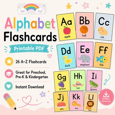Printable alphabet flashcards PDF ad with colorful A–L cards for preschool, Pre-K, kindergarten, and homeschool learning.