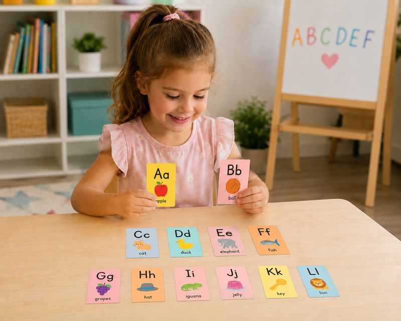 Preschool girl learning with colorful printable alphabet flashcards at a classroom table for early literacy practice.