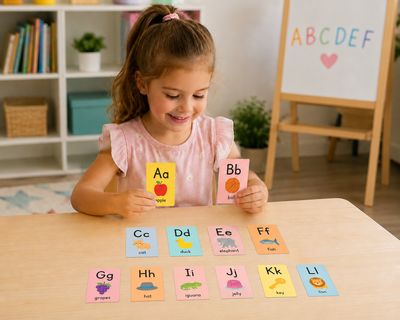 Preschool girl learning with colorful printable alphabet flashcards at a classroom table for early literacy practice.