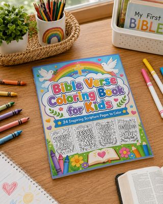 Bible Verse Coloring Book for Kids on a wooden table with crayons, colored pencils, and a children’s Bible.