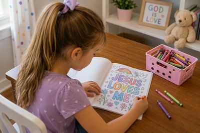 Young girl coloring a “Jesus Loves Me” page in a Christian Bible verse coloring book for kids.