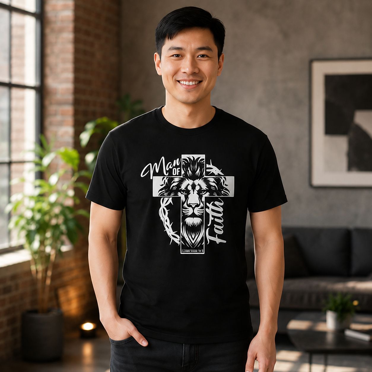 Asian man wearing a black Man of Faith lion cross Christian T-shirt in a modern loft.