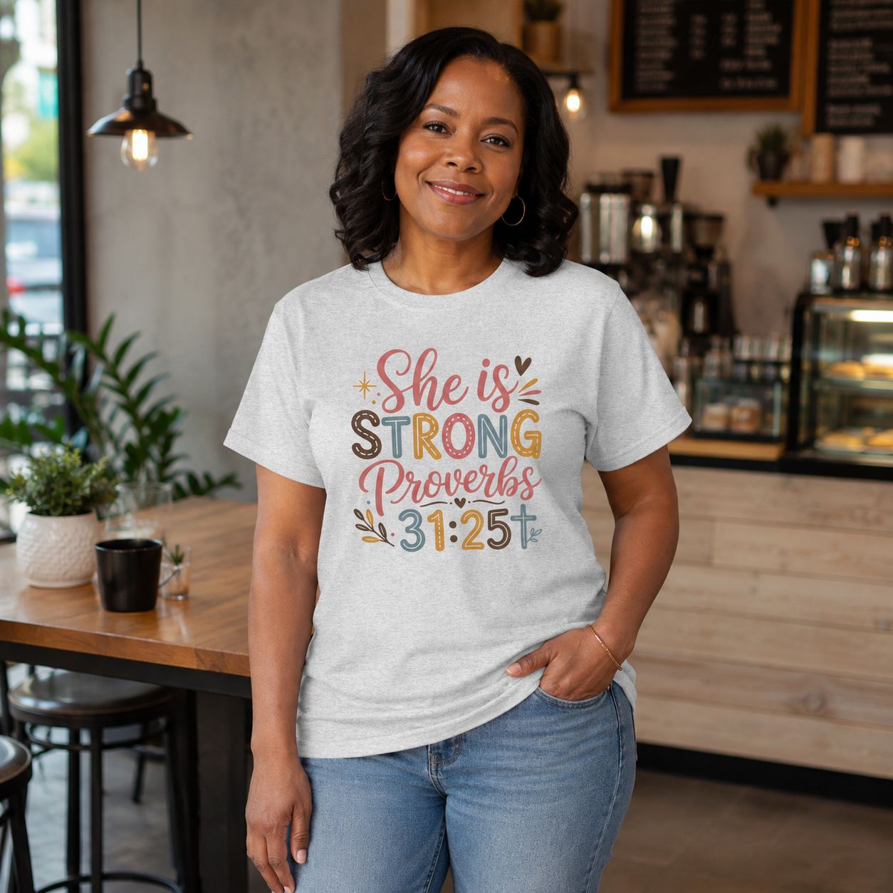 Black woman wearing an ash gray “She Is Strong” Proverbs 31:25 Christian T-shirt in a cozy coffee shop.