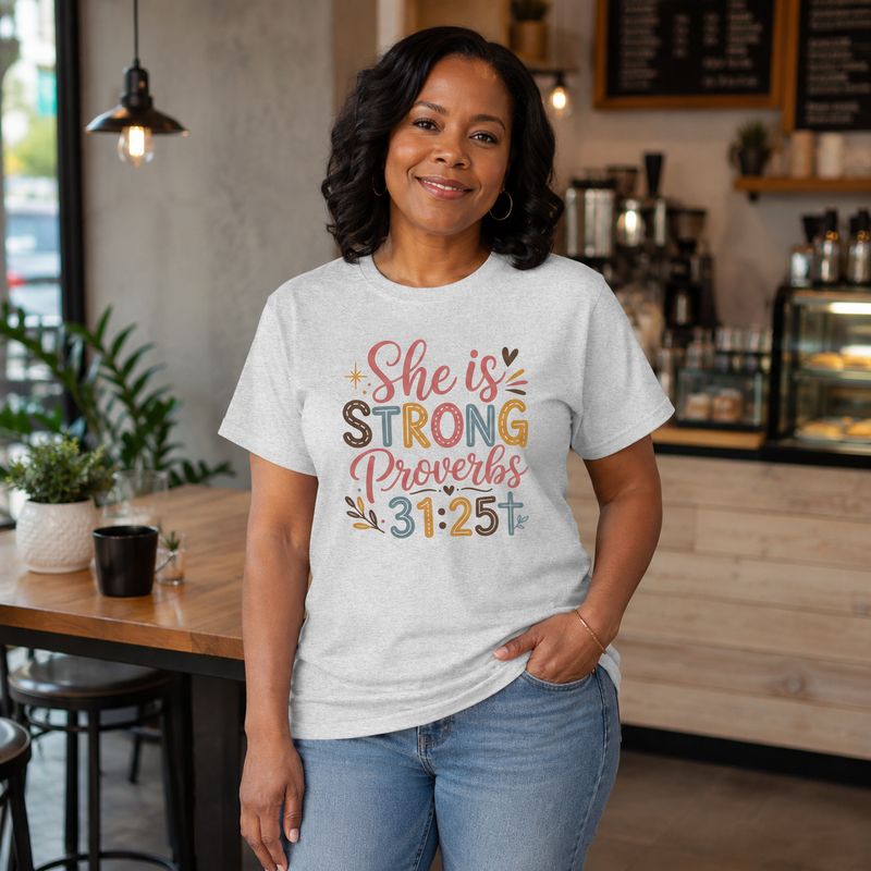 Black woman wearing an ash gray “She Is Strong” Proverbs 31:25 Christian T-shirt in a cozy coffee shop.