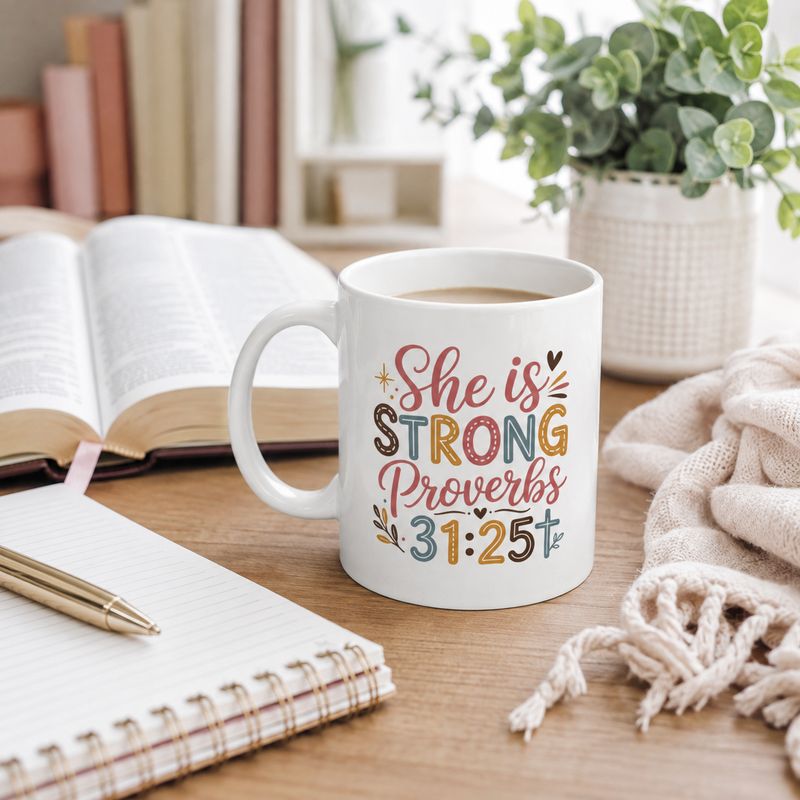 11 oz white Christian mug with “She Is Strong” Proverbs 31:25 design beside an open Bible and notebook.