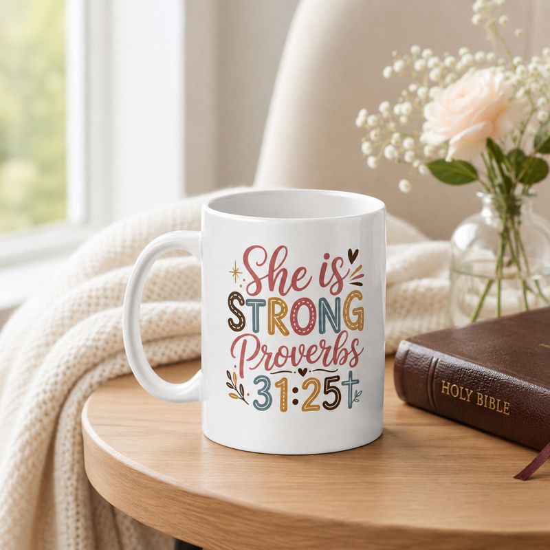 20 oz white Christian mug with “She Is Strong” Proverbs 31:25 on a reading table beside a Bible and flowers.
