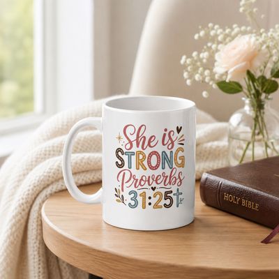 20 oz white Christian mug with “She Is Strong” Proverbs 31:25 on a reading table beside a Bible and flowers.