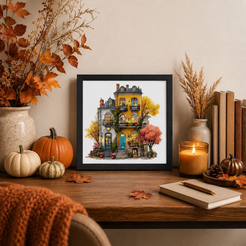 Black framed autumn townhouse wall art styled on a desk with pumpkins, fall leaves, candle, and cozy seasonal decor.