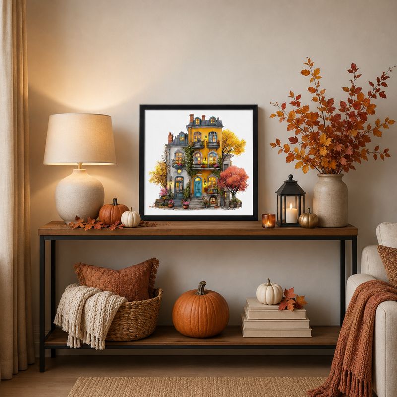 Black framed fall townhouse print displayed on a console table with pumpkins, autumn foliage, lantern, and cozy accents.