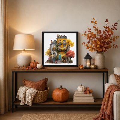 Black framed fall townhouse print displayed on a console table with pumpkins, autumn foliage, lantern, and cozy accents.