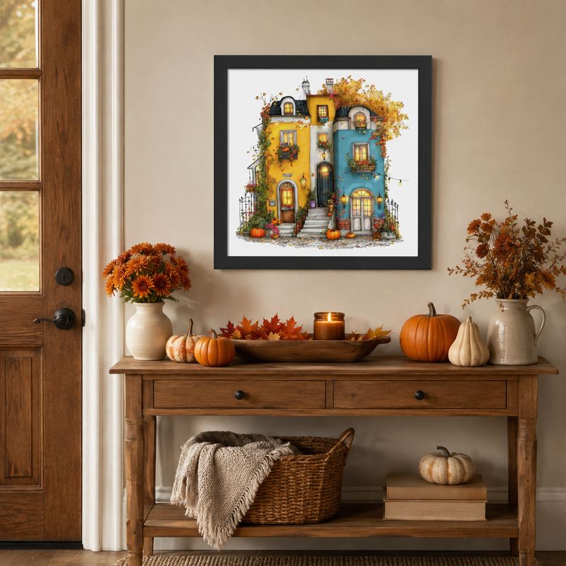 Black framed fall house wall art displayed above a rustic entryway table with pumpkins, mums, leaves, and candles.