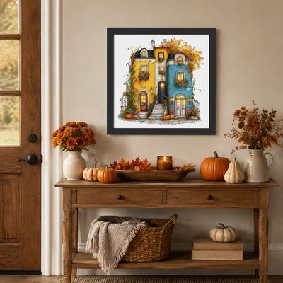 Black framed fall house wall art displayed above a rustic entryway table with pumpkins, mums, leaves, and candles.