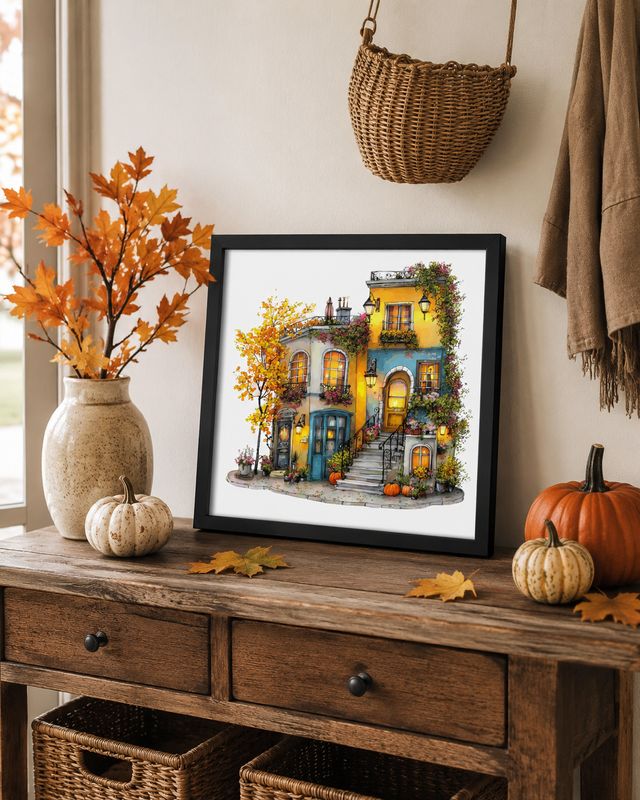 Black framed fall townhouse art print styled on a rustic console with pumpkins, autumn leaves and cozy decor.