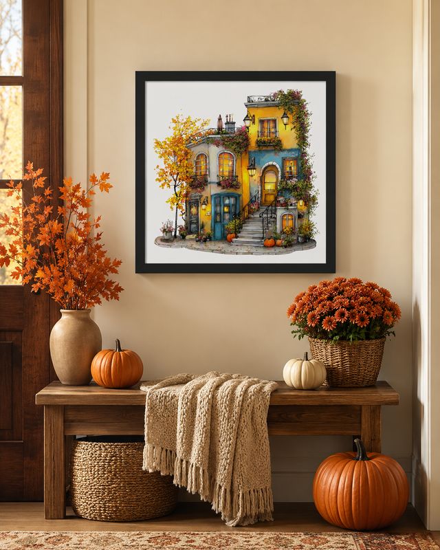 Black framed autumn townhouse wall art above a wood bench with pumpkins, mums, fall leaves and knit throw.
