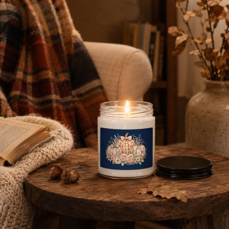 Lit floral pumpkin soy candle in a cozy fall reading nook with plaid blanket, open book, acorns, and autumn leaves.