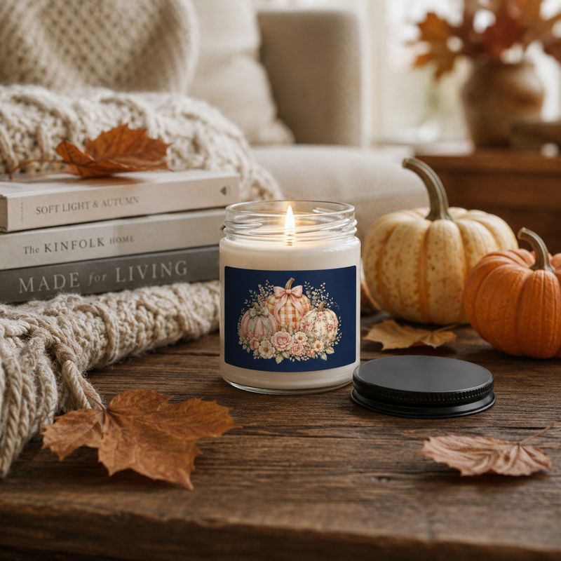 Lit fall soy candle with floral pumpkin label, mini pumpkins, autumn leaves, books, and a cozy knit throw.