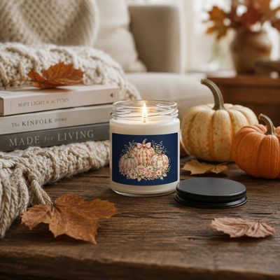 Lit fall soy candle with floral pumpkin label, mini pumpkins, autumn leaves, books, and a cozy knit throw.