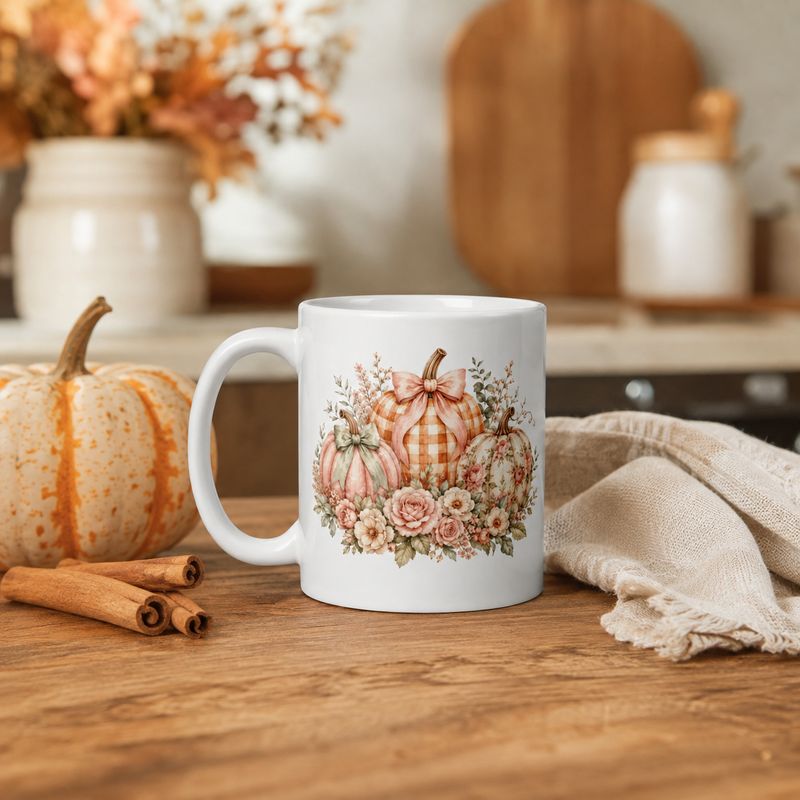 White floral pumpkin fall mug on rustic wood table with cinnamon sticks, cream pumpkin, and cozy autumn kitchen decor.
