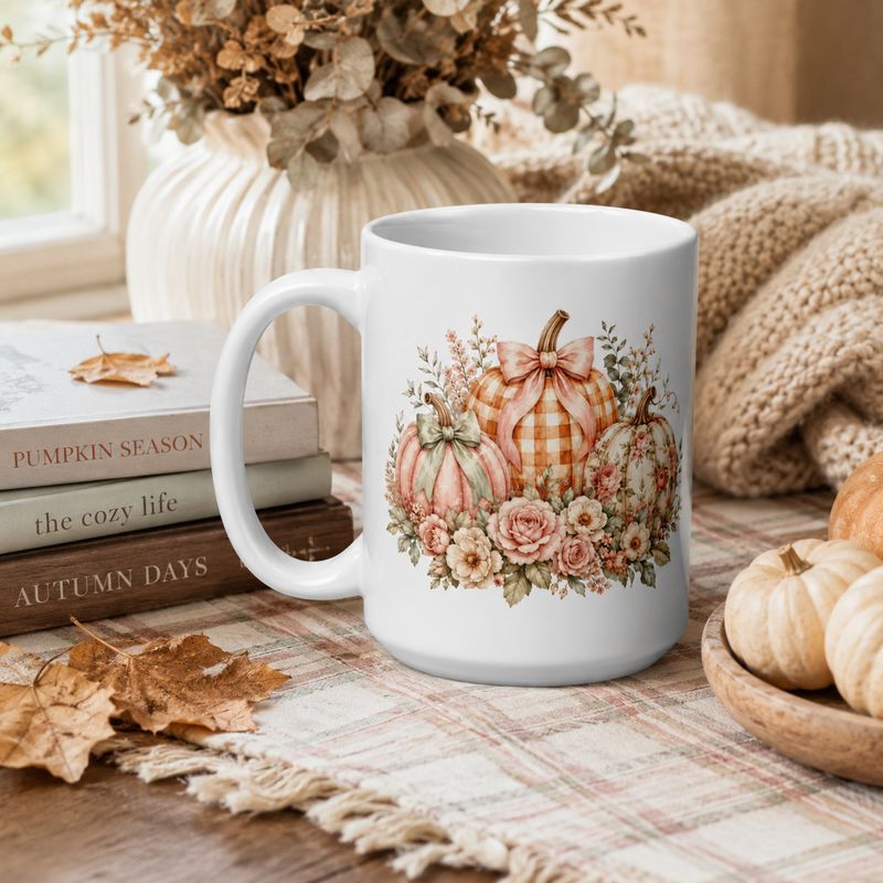 White floral pumpkin mug styled with knit blanket, autumn leaves, books, dried florals, and mini pumpkins by a window.