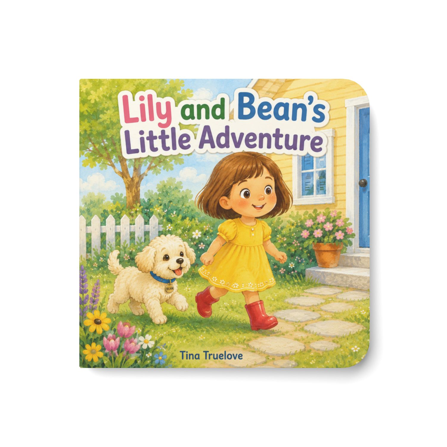 Lily and Bean’s Little Adventure 6-inch toddler board book featuring a little girl and puppy in a colorful garden.