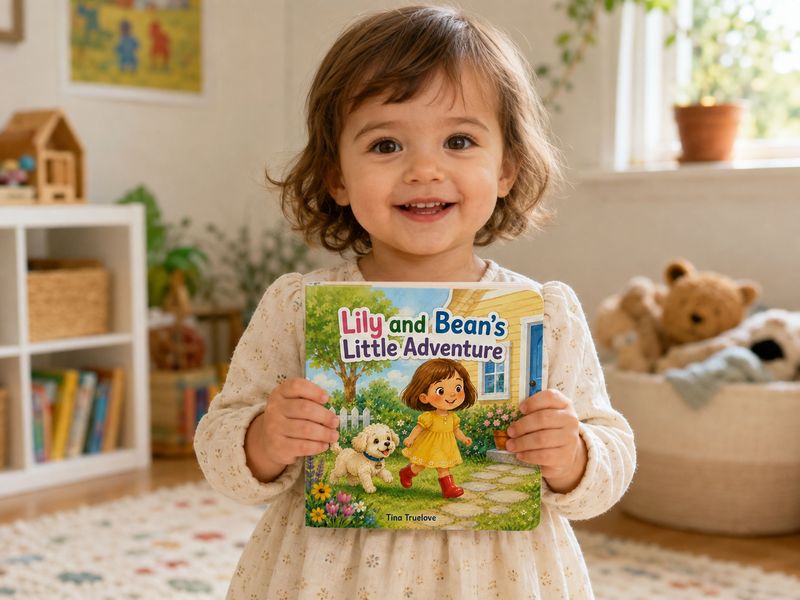 Smiling toddler girl holds Lily and Bean’s Little Adventure 6-inch board book in a bright, cozy playroom.