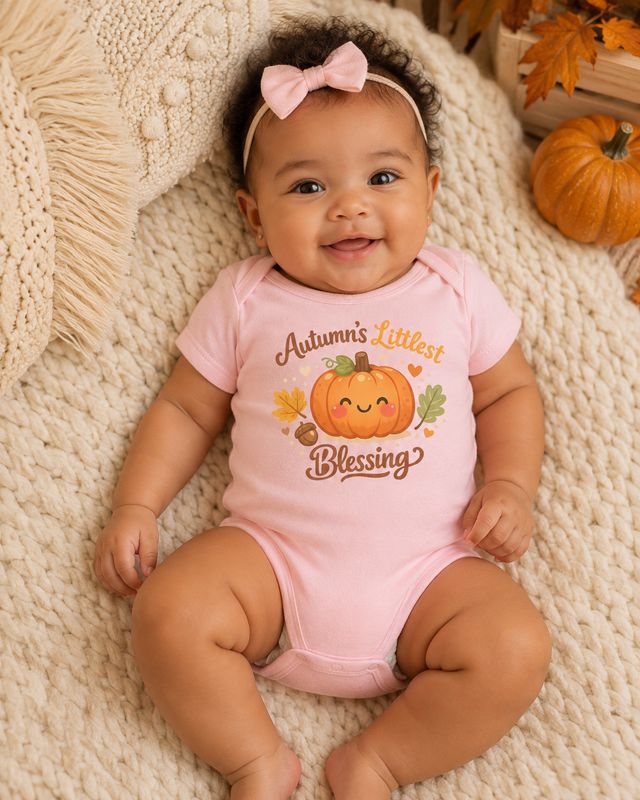Baby girl in pink “Autumn’s Littlest Blessing” pumpkin bodysuit lying on a cozy cream fall blanket.