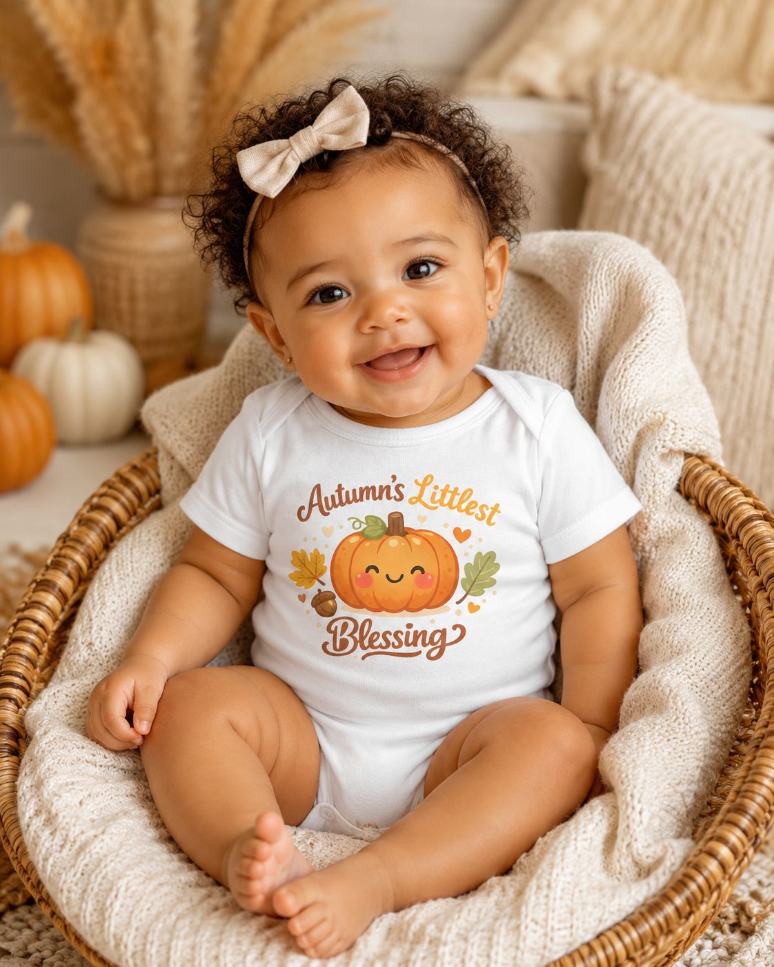 Baby girl in white “Autumn’s Littlest Blessing” pumpkin bodysuit sitting in a wicker basket with fall decor.