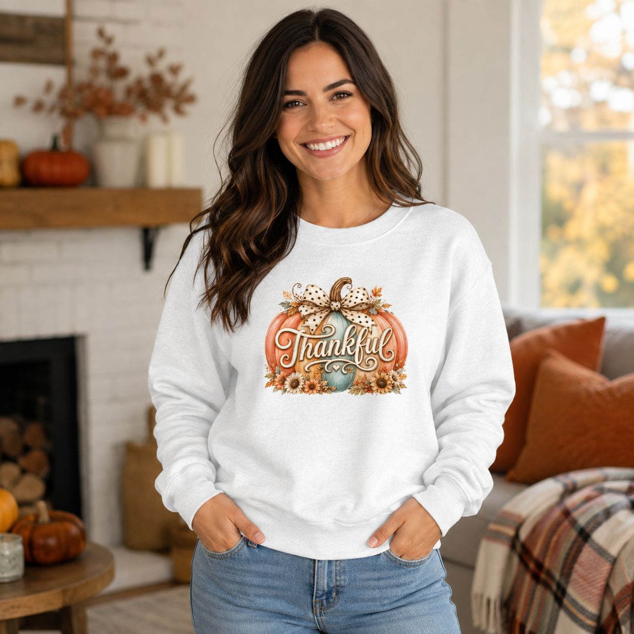 Woman wearing white Thankful pumpkin sweatshirt in a warm fall living room with fireplace, pumpkins, and plaid throw.